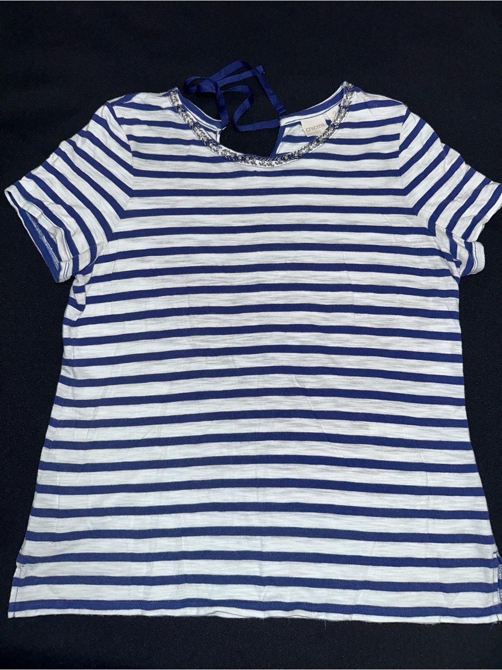 Chico’s Striped navy and White Short Sleeve Top rhinestone neckline tie back 2